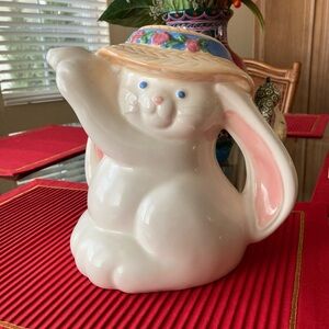 Ceramic Bunny Pitcher with Straw Hat - Treasure Craft - Vintage (Circa 1960)
